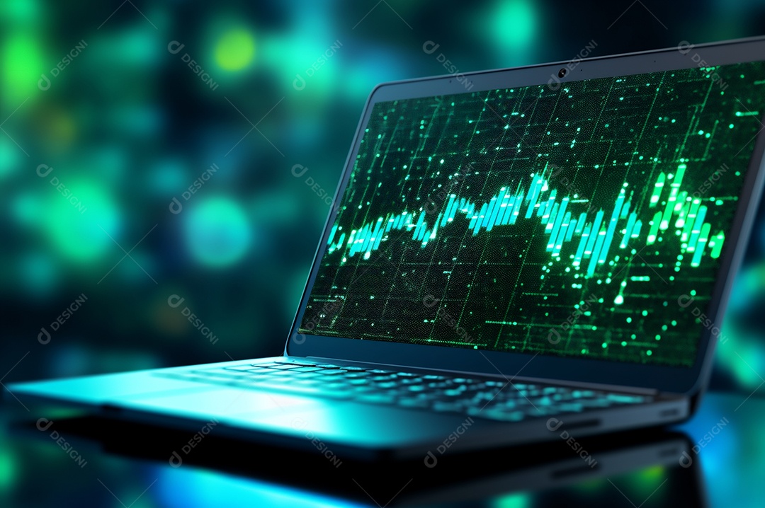 Tela de notebook com mercado de ações e gráfico financeiro e estatístico de negócios