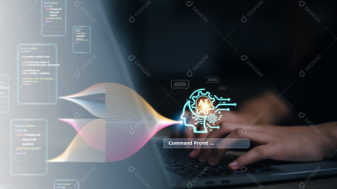 Mulheres que usam tecnologia de robô inteligente AI, digitam prompt de comando