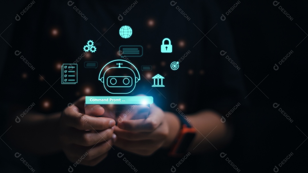 Mulheres que usam tecnologia de robô inteligente AI, digitam prompt de comando