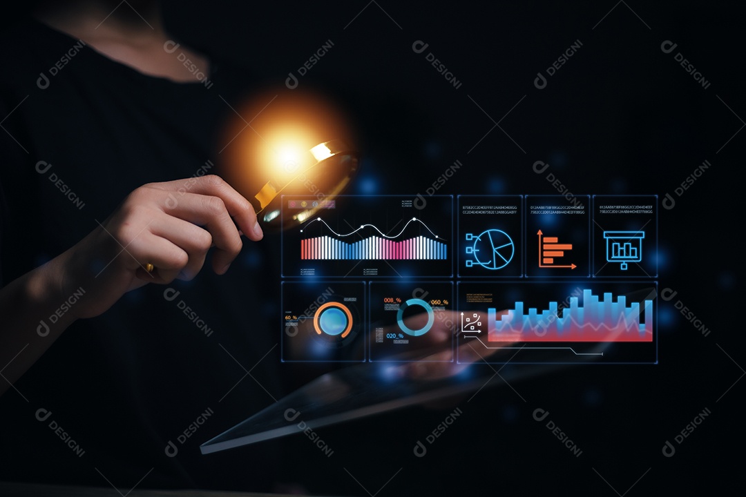 Analista de dados trabalhando em dashboard de business analytics com gráficos