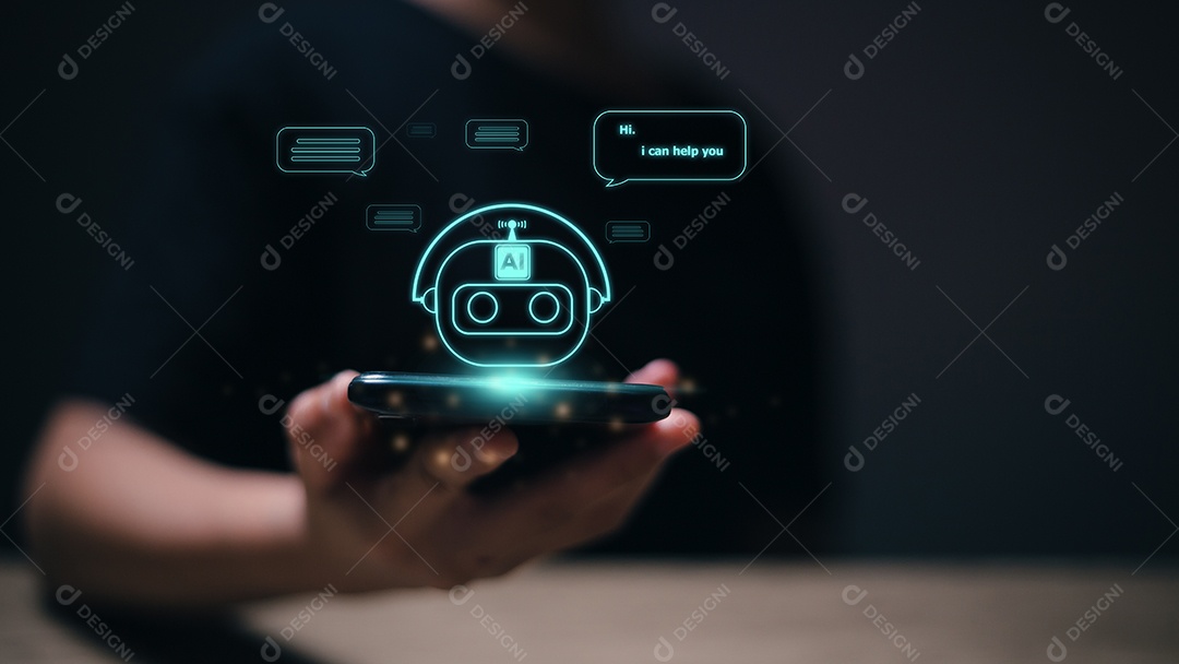 Mulheres que usam tecnologia de robô inteligente AI, digitam prompt de comando, contato para análise de informações de negócios e transformação de tecnologia futurista.