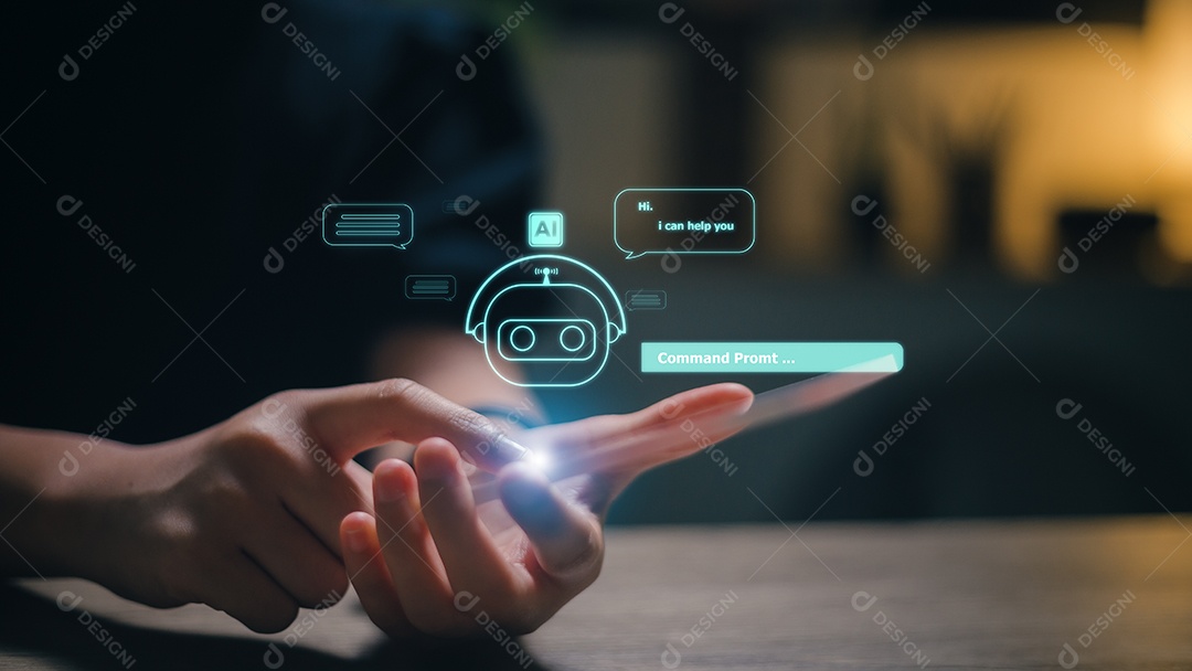 Mulheres que usam tecnologia de robô inteligente AI, digitam prompt de comando, contato para análise de informações de negócios e transformação de tecnologia futurista.