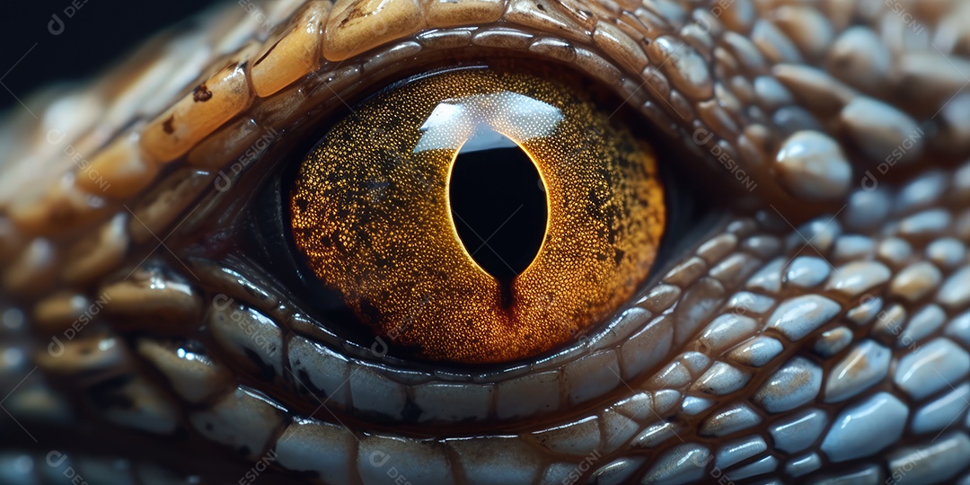 Uma imagem macro de close-up do detalhe do olho aberto de uma iguana ou lagarto.