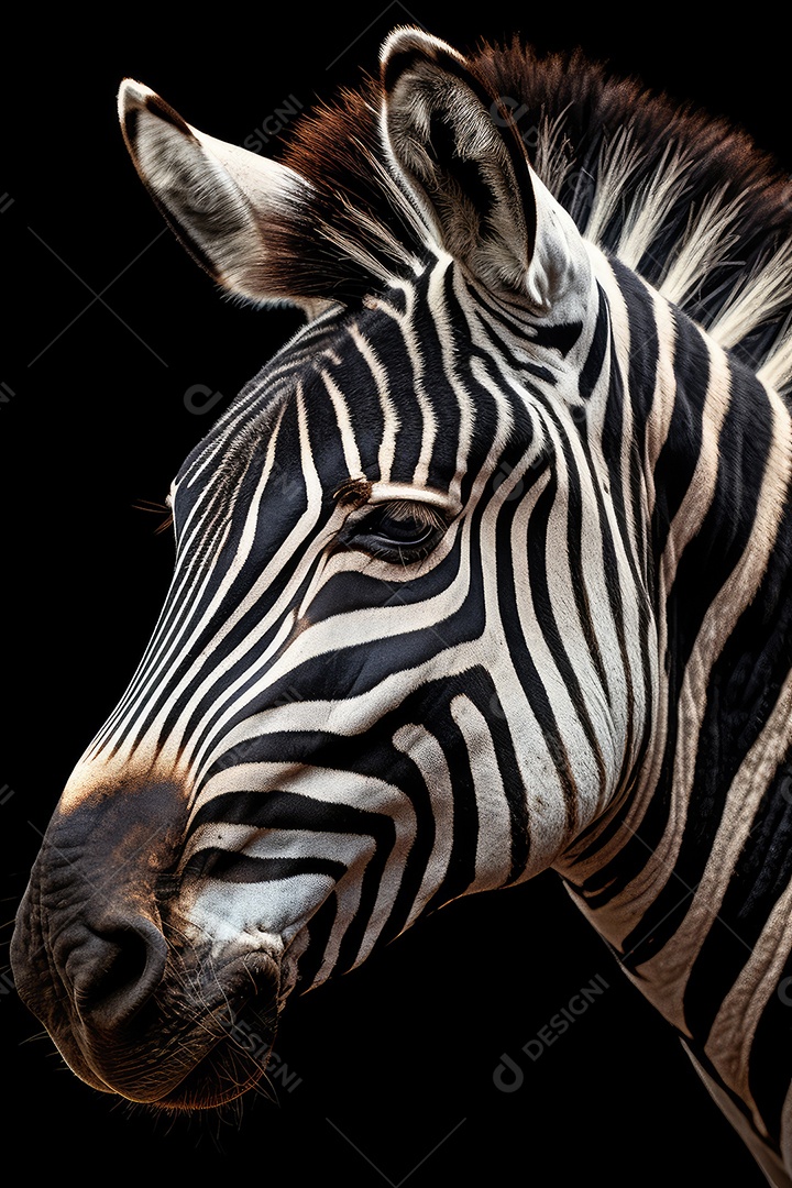 Retrato de uma bela zebra africana em close-up Macro fotografia em fundo escuro.