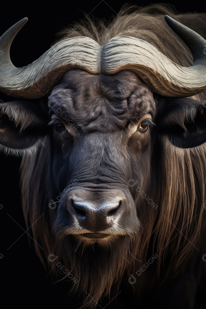 Retrato de um belo búfalo africano em close-up Macro fotografia em fundo escuro.