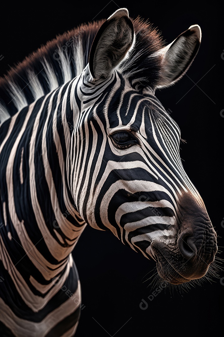 Retrato de uma bela zebra africana em close-up Macro fotografia em fundo escuro.