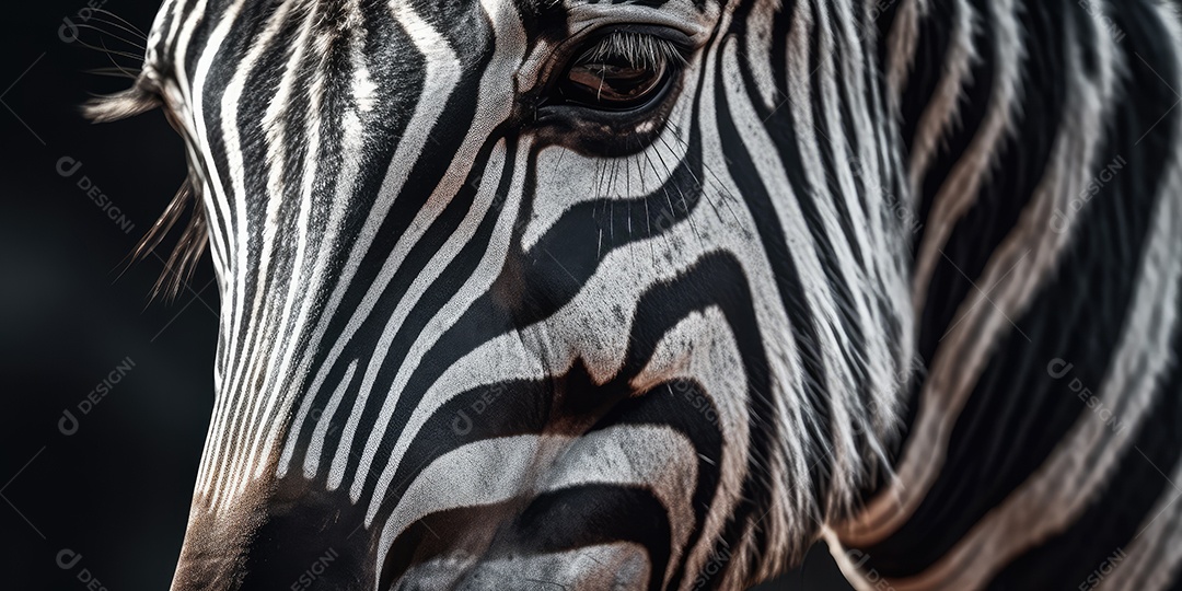 Retrato de uma bela zebra africana em close-up Macro fotografia em fundo escuro.