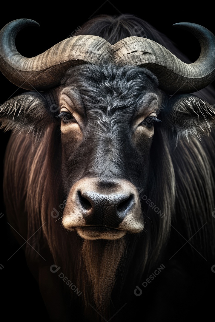 Retrato de um belo búfalo africano em close-up Macro fotografia em fundo escuro.