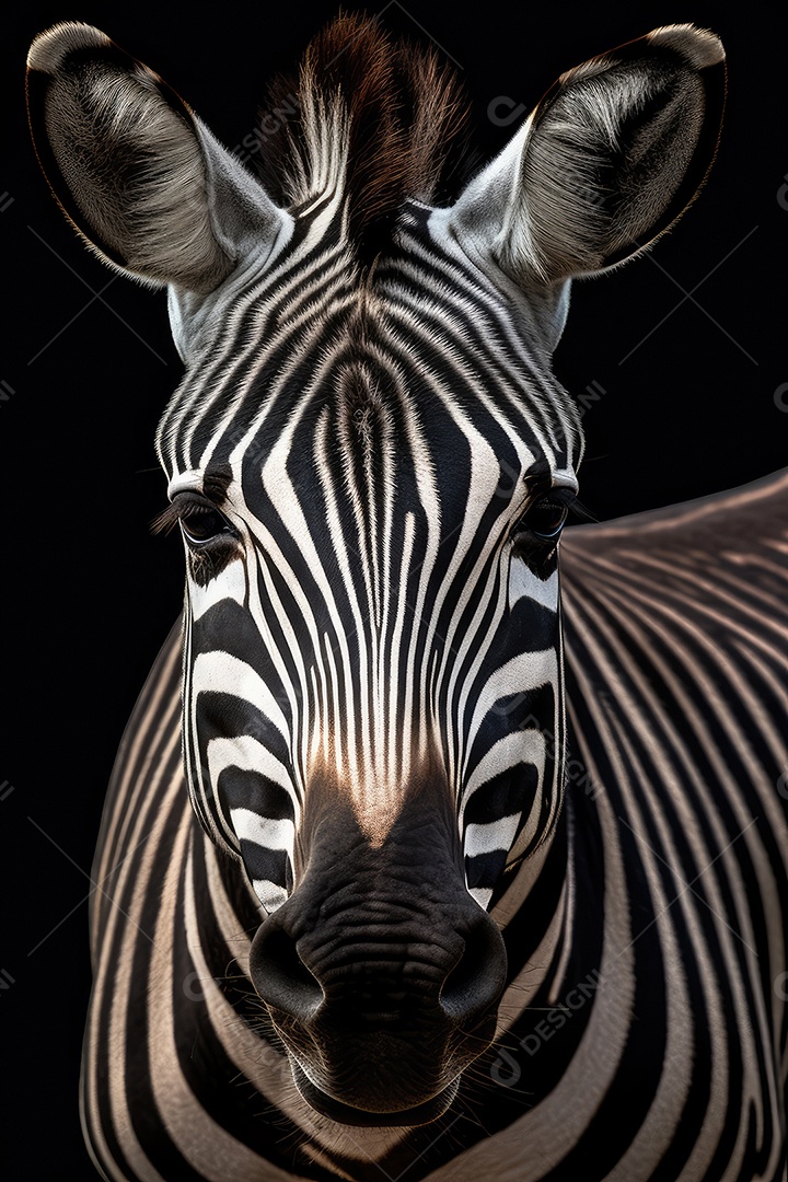 Retrato de uma bela zebra africana em close-up Macro fotografia em fundo escuro.