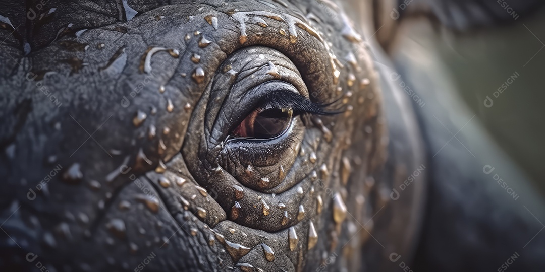 Retrato de um belo rinoceronte africano em close-up Macro fotografia em fundo escuro.