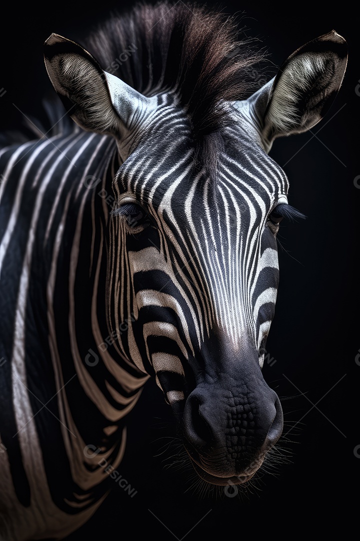 Retrato de uma bela zebra africana em close-up Macro fotografia em fundo escuro.