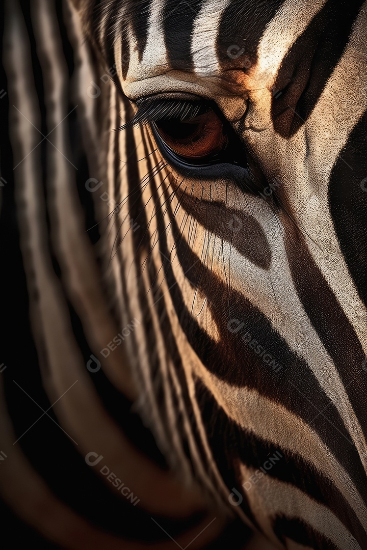 Retrato de uma bela zebra africana em close-up Macro fotografia em fundo escuro.