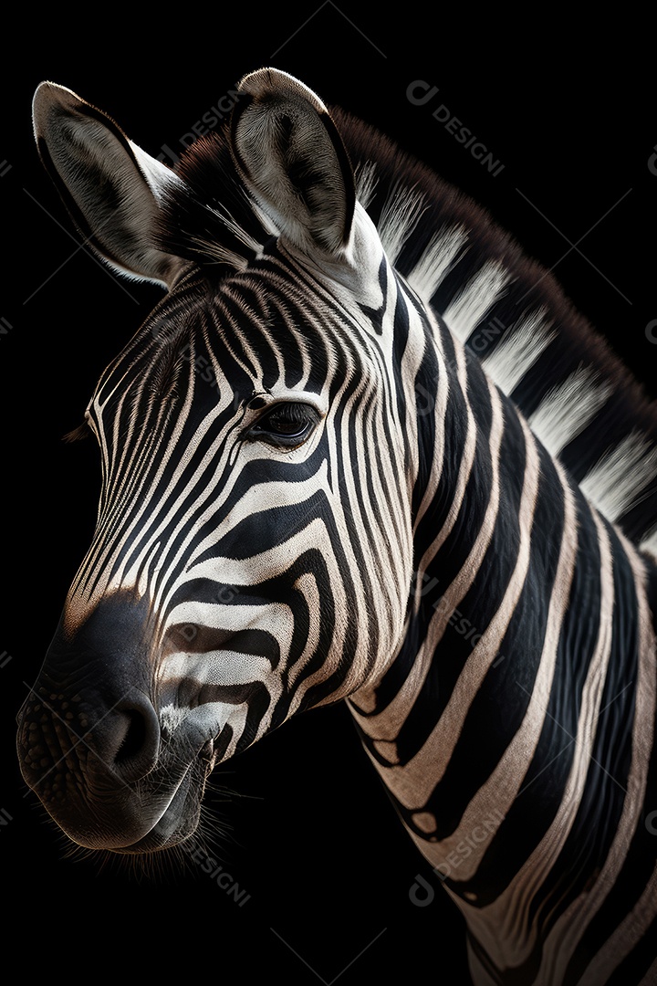 Retrato de uma bela zebra africana em close-up Macro fotografia em fundo escuro.