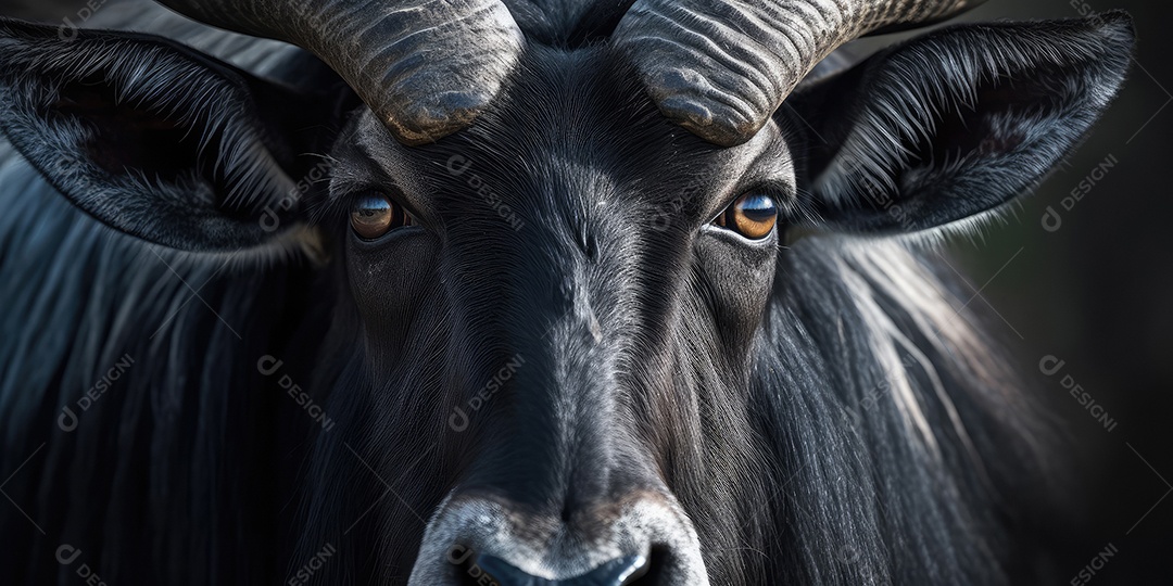 Retrato de um belo búfalo africano em close-up Macro fotografia em fundo escuro.