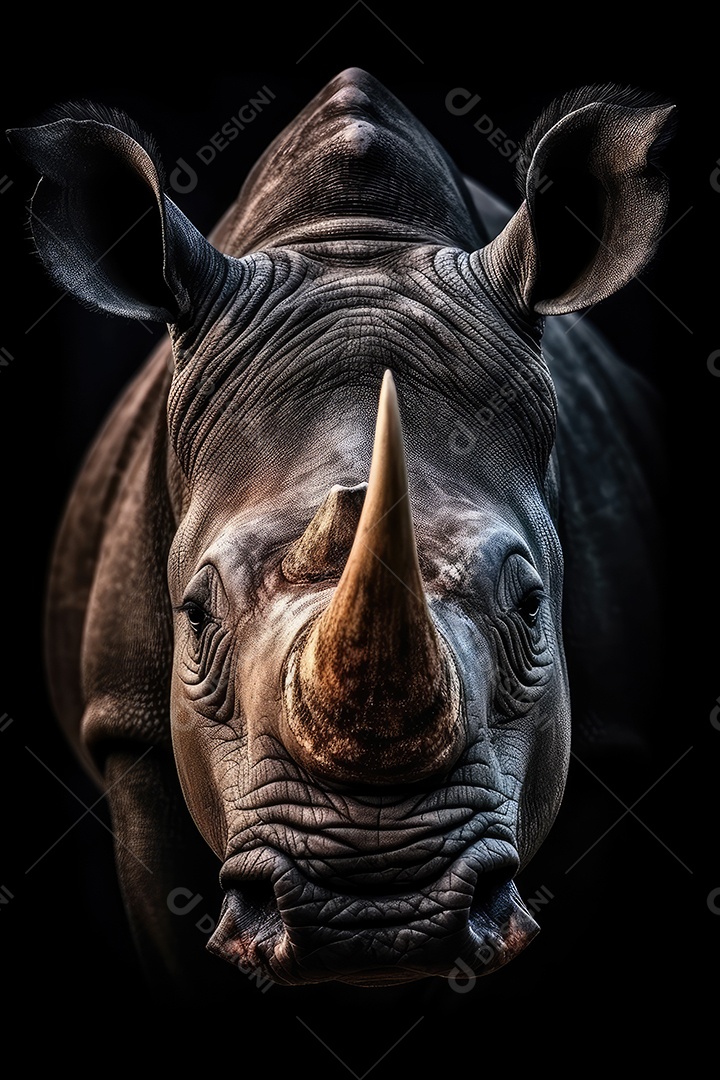 Retrato de um belo rinoceronte africano em close-up Macro fotografia em fundo escuro.
