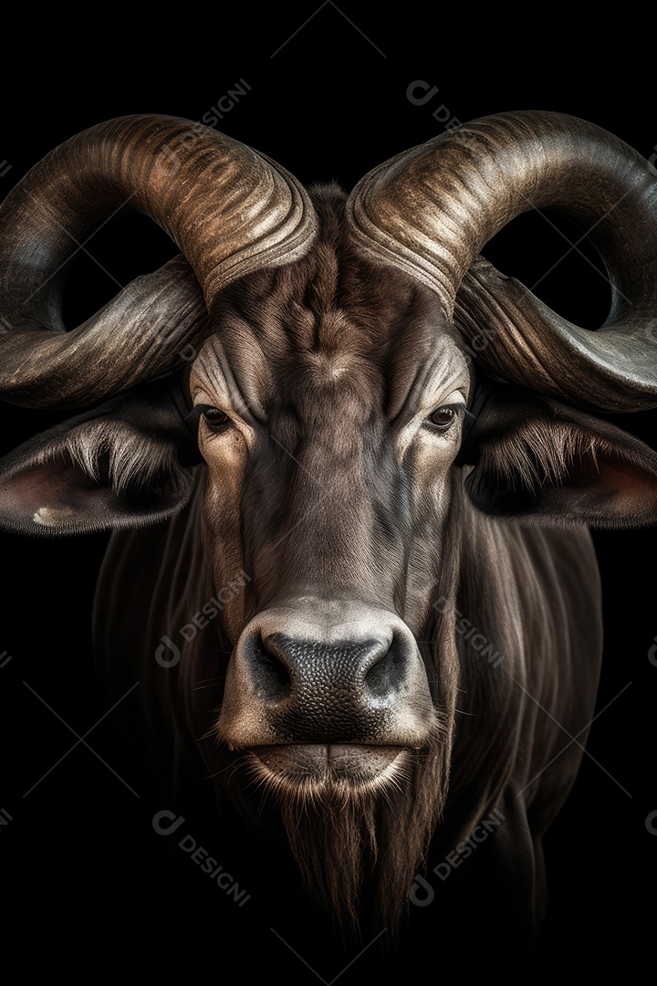 Retrato de um belo búfalo africano em close-up Macro fotografia em fundo escuro.