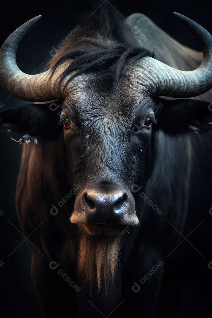 Retrato de um belo búfalo africano em close-up Macro fotografia em fundo escuro.
