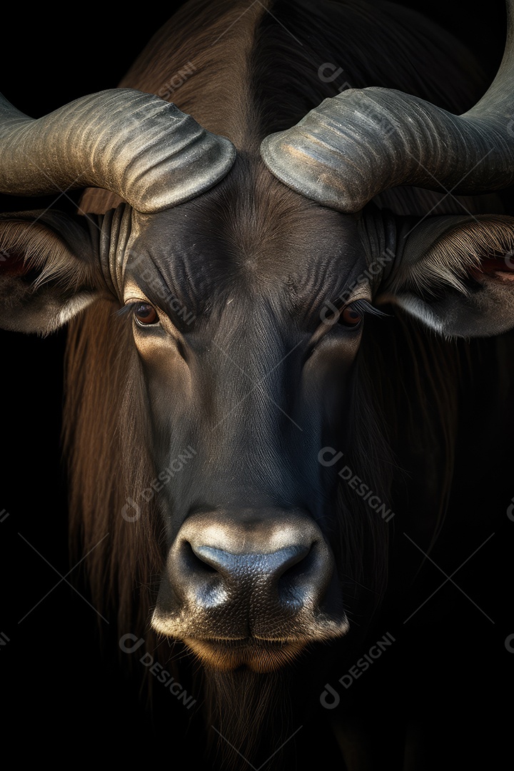 Retrato de um belo búfalo africano em close-up Macro fotografia em fundo escuro.