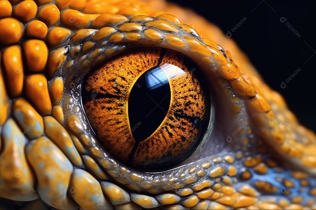 Uma imagem macro de close-up do detalhe do olho aberto de uma iguana ou lagarto.