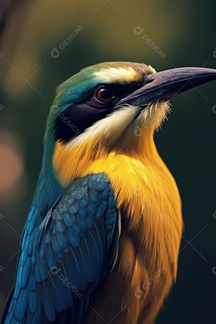 Retrato de lindo passarinho colorido em close-up macro fotografia em fundo escuro.