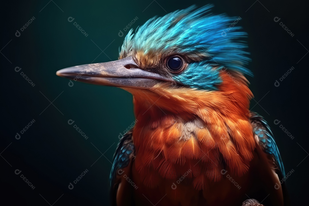 Retrato de lindo passarinho colorido em close-up macro fotografia em fundo escuro.