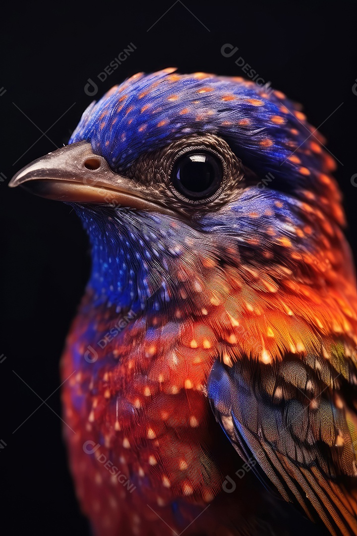 Retrato de lindo passarinho colorido em close-up macro fotografia em fundo escuro.