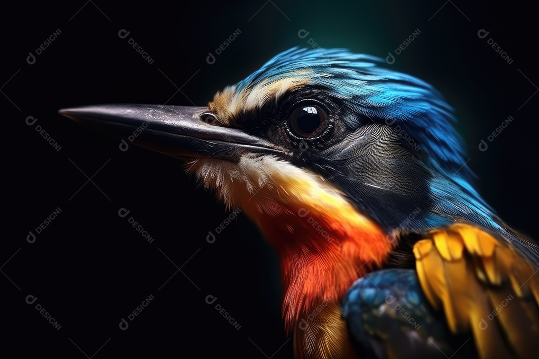 Retrato de lindo passarinho colorido em close-up macro fotografia em fundo escuro.
