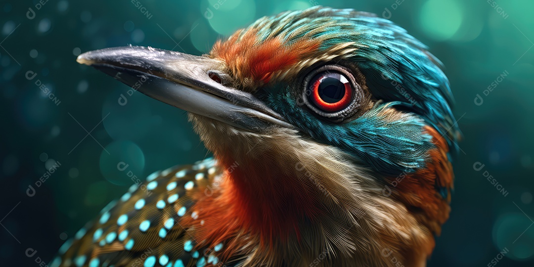 Retrato de lindo passarinho colorido em close-up macro fotografia em fundo escuro.