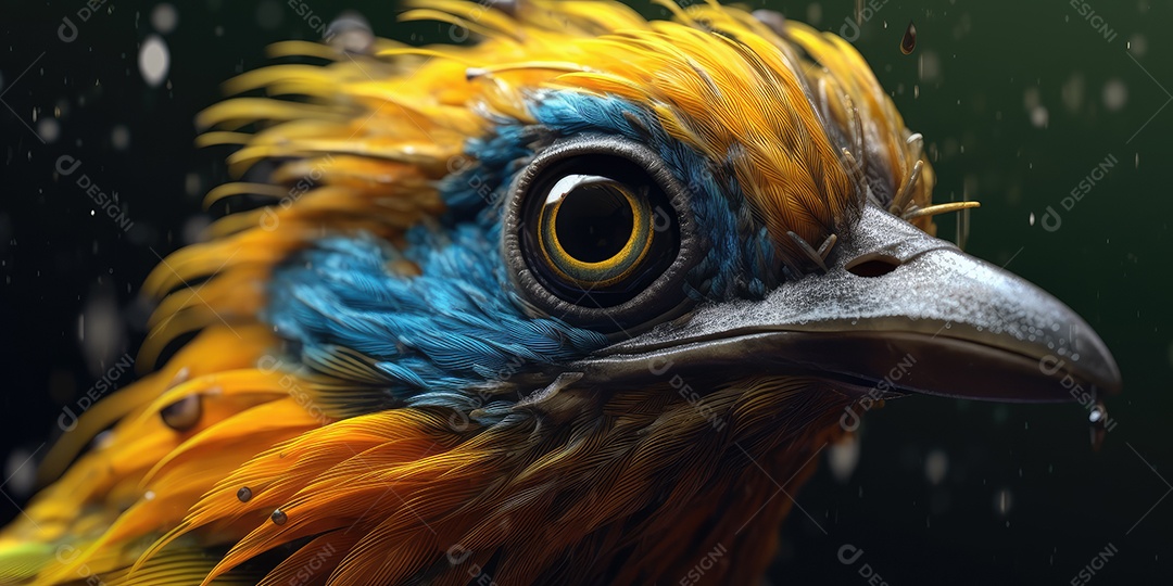 Retrato de lindo passarinho colorido em close-up macro fotografia em fundo escuro.