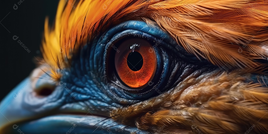 Retrato de lindo passarinho colorido em close-up macro fotografia em fundo escuro.