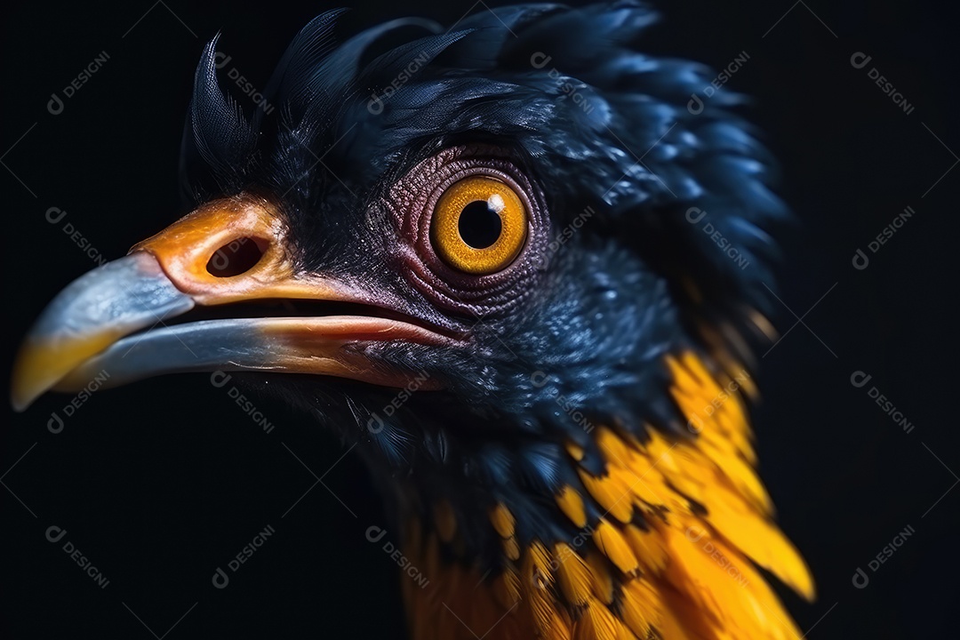 Retrato de lindo passarinho colorido em close-up macro fotografia em fundo escuro.