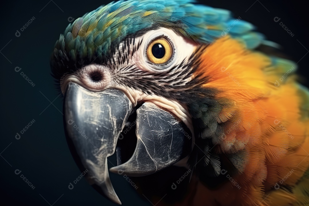 Retrato de uma bela arara azul e amarela em close-up Macro fotografia em fundo escuro.
