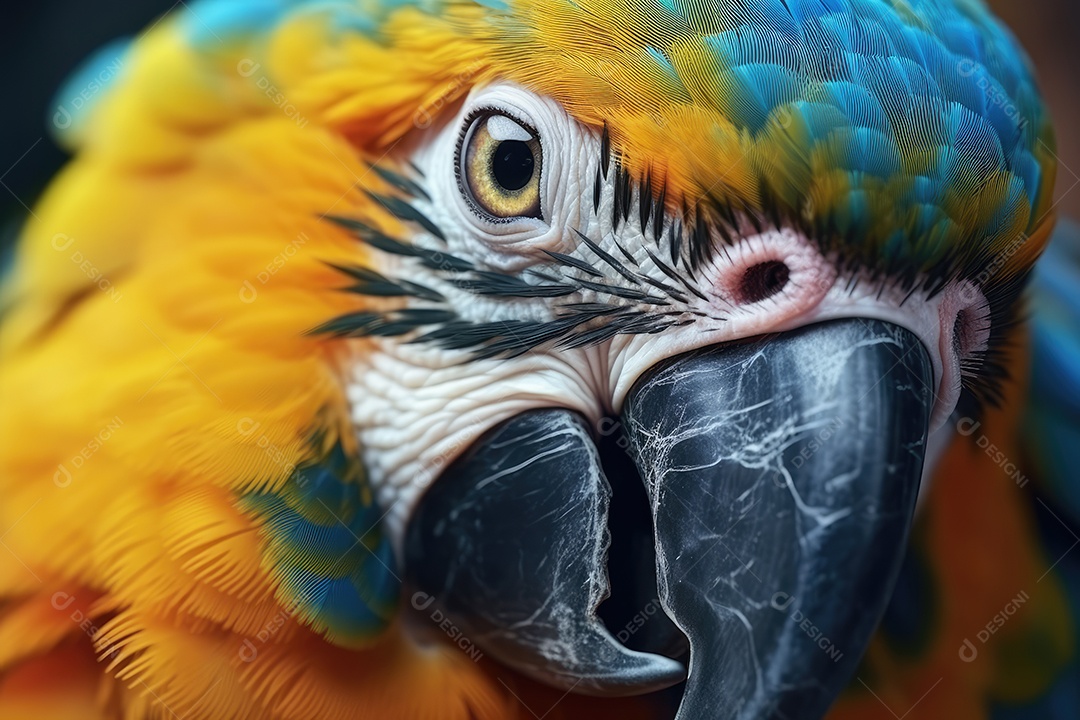 Retrato de uma bela arara azul e amarela em close-up Macro fotografia em fundo escuro.