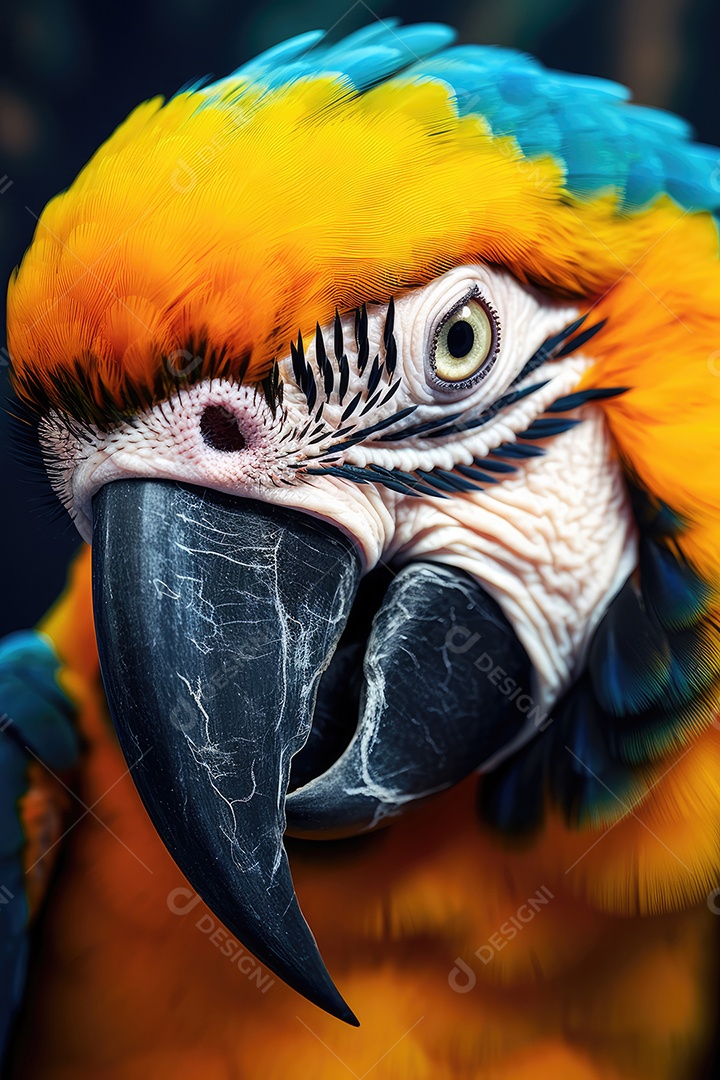 Retrato de uma bela arara azul e amarela em close-up Macro fotografia em fundo escuro.