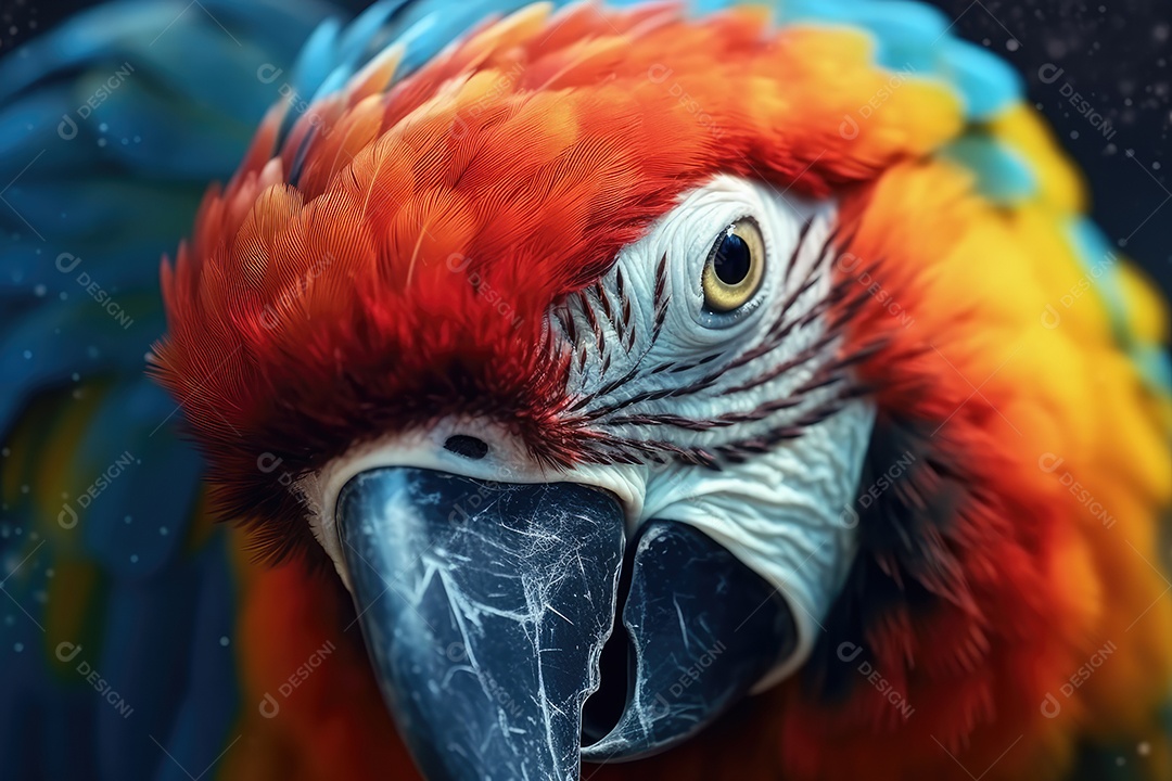 Retrato de uma bela Arara Escarlate em close-up Macro fotografia em fundo escuro.