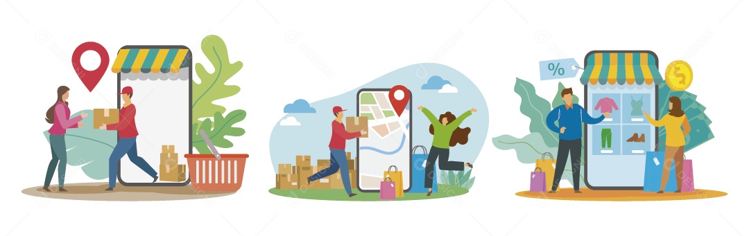 Personagens Fazendo Compras Online Ilustração Vetor EPS