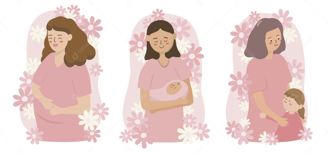 Mãe Gestante com Recém Nascido e Criança Ilustração Vetor EPS