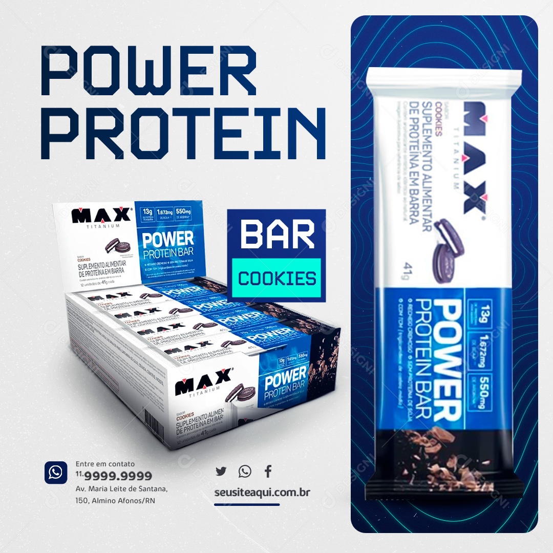 Loja de Suplementos Power Protein Bar Cookies Social Media PSD Editável