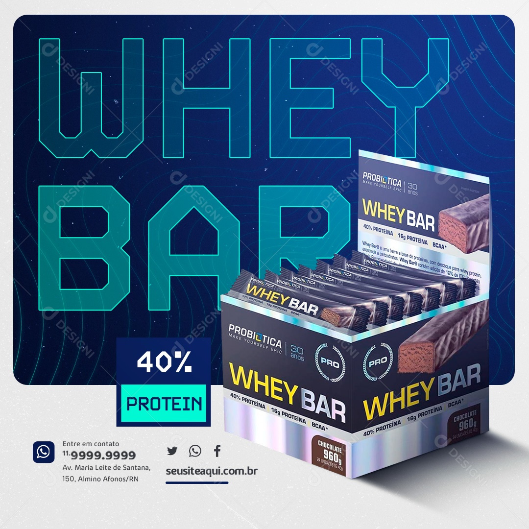 Loja de Suplementos Whey Bar 40% Protein  Social Media PSD Editável
