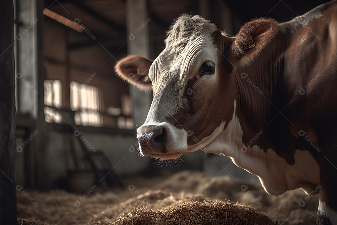 Vaca comendo feno no curral