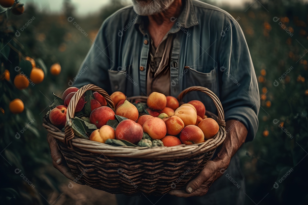 Homem no pomar colhendo frutas