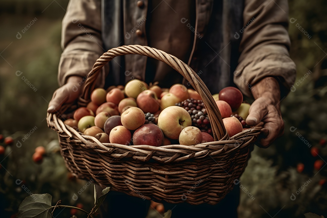 Homem no pomar colhendo frutas