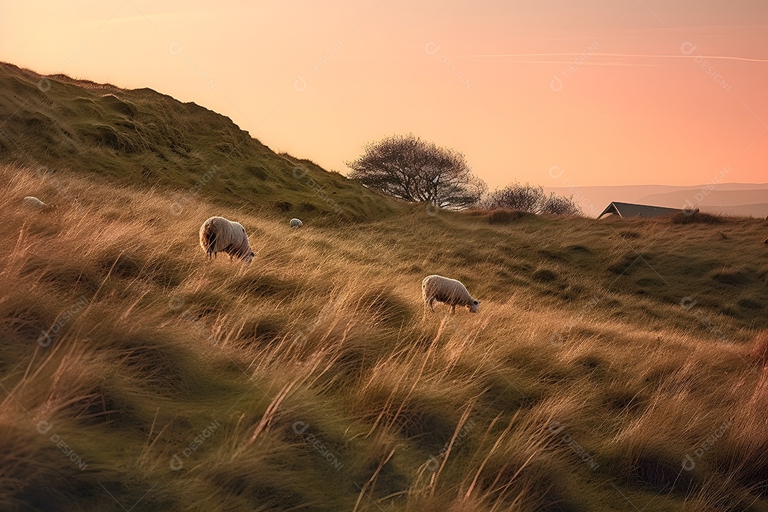 Vista de um campo com ovelhas