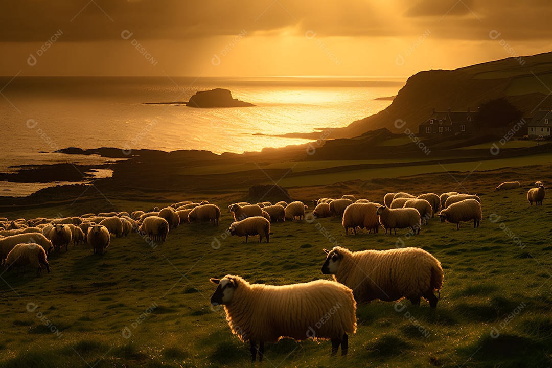Vista de um campo com ovelhas