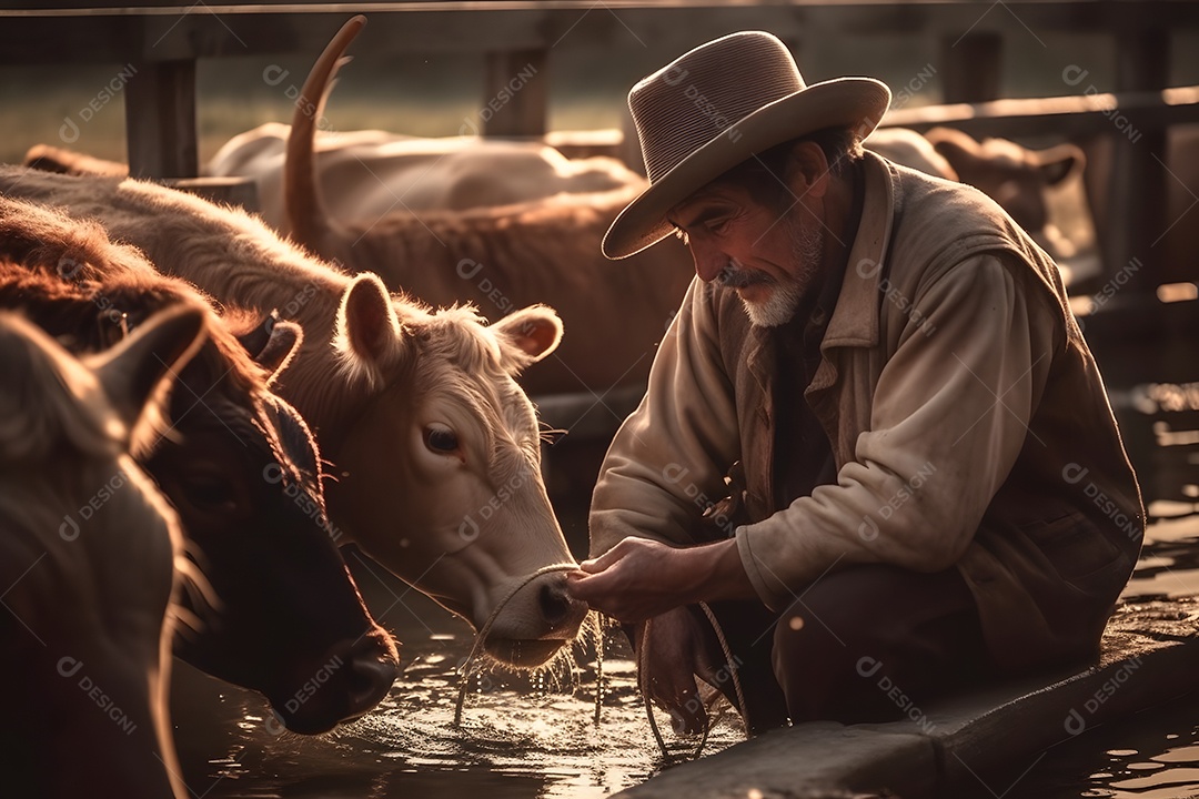 Homem pecuarista lidando com gados