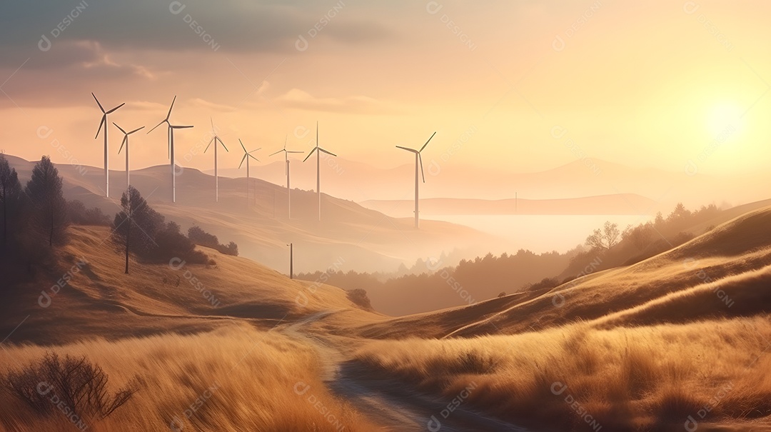 Campo de pasto com turbinas eólicas