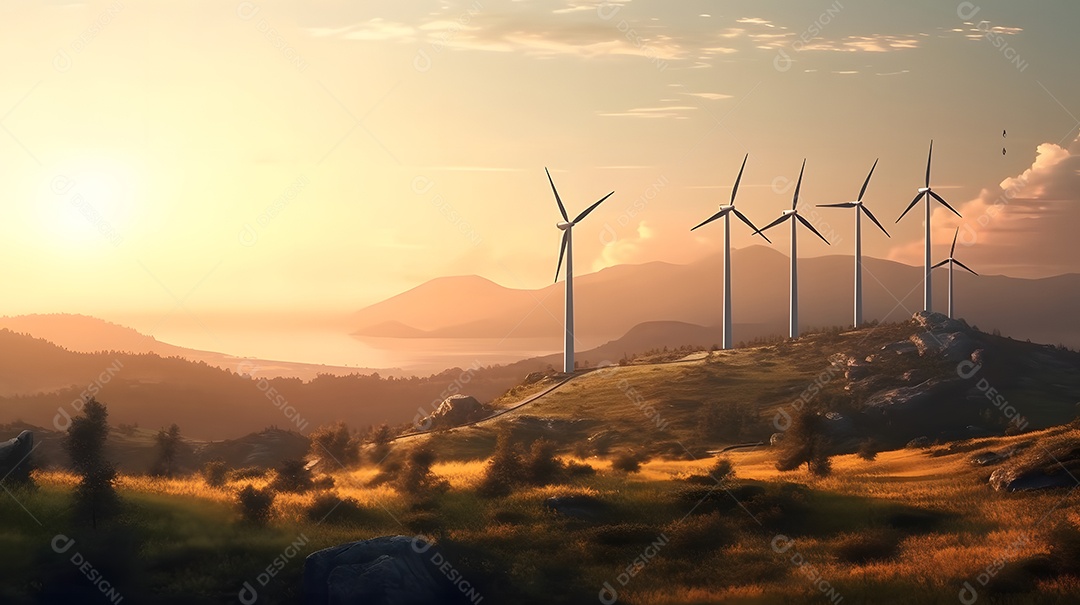 Campo de pasto com turbinas eólicas