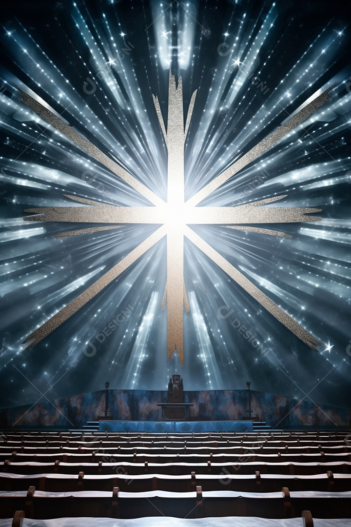 Cenário para evento com altar iluminado