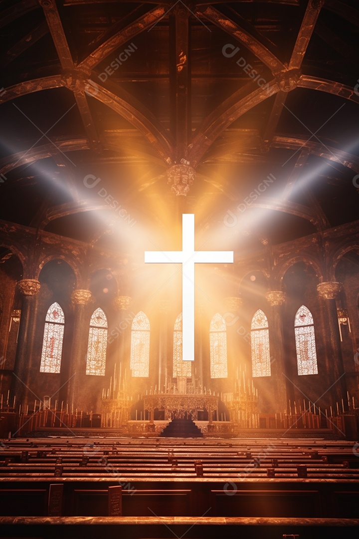 Cenário para evento com altar iluminado