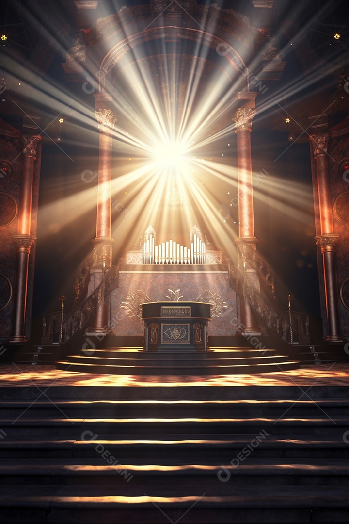 Cenário para evento com altar iluminado